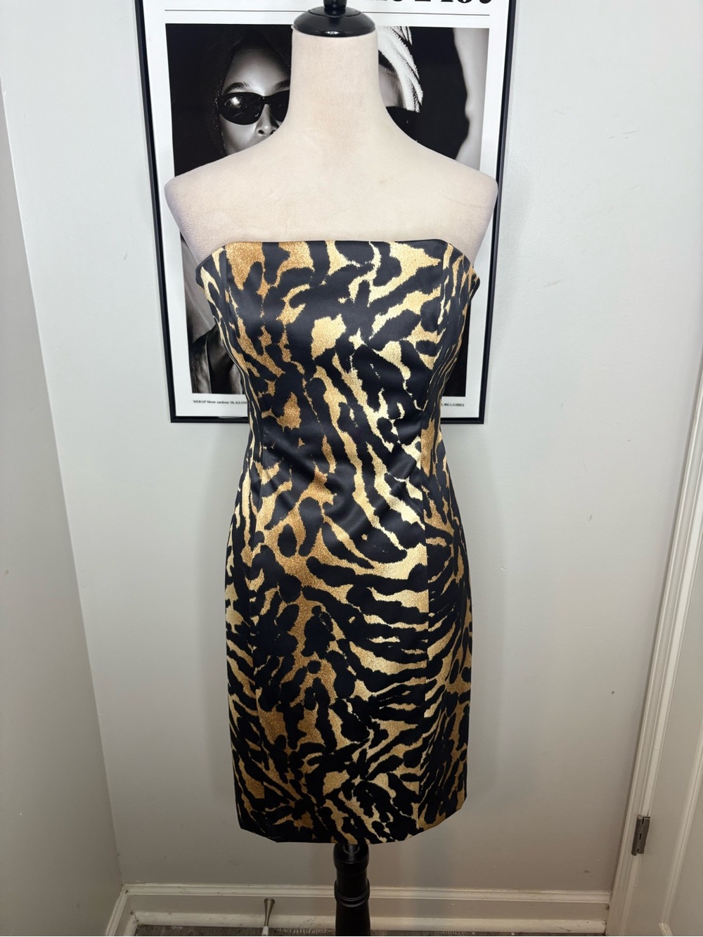 Strapless Black and Gold Animal Print Sheath Dress